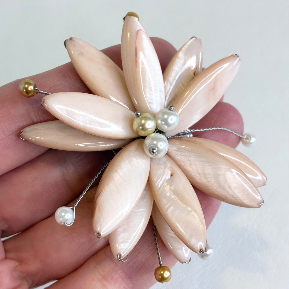 Vintage Flower Brooch Peach Carved Shell Faux Pearl Petal Statement Pin